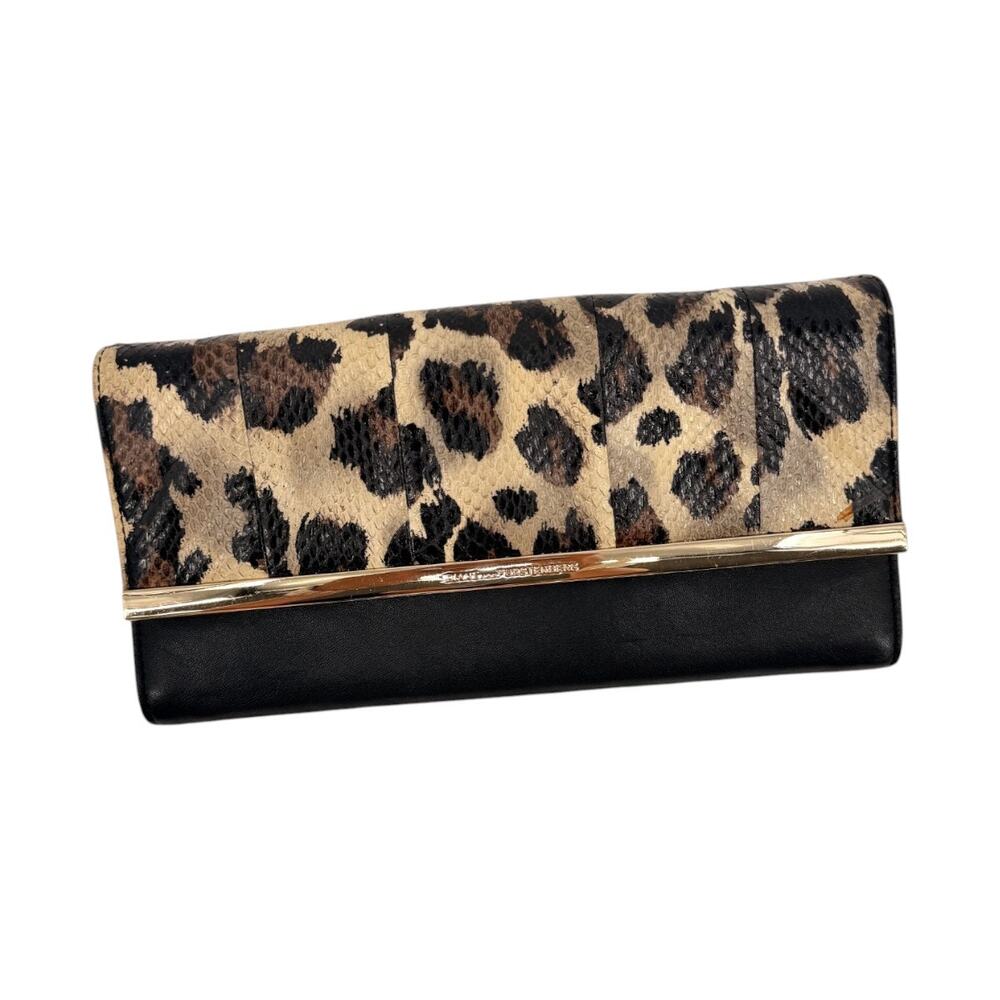 Diane Von Furstenberg Leopard Print Leather Clutch Wallet Black Brown
